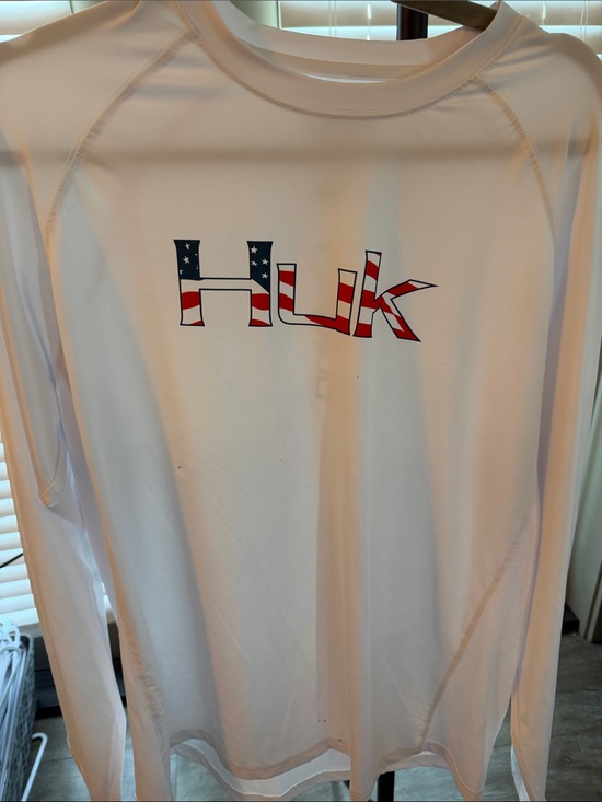 Huk Other - Huk Long Sleeve Performance Tee in White with American Flag Logo